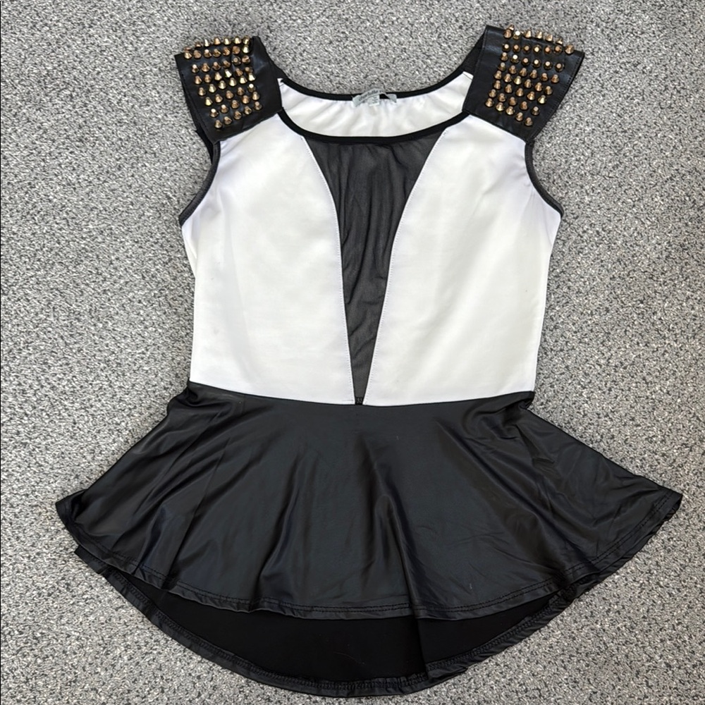 Charlotte Russe 2000s white and black peplum top with gold studs and mesh center